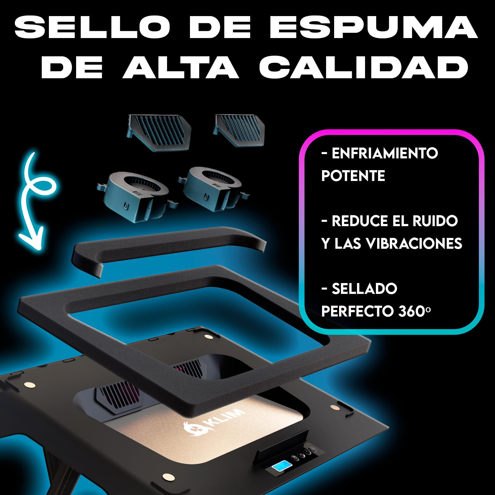 KLIM Everest Plus Base Refrigeradora Laptop Gaming - Ventilador 6300 RPM | Base refrigeradora DC con dos ventiladores turbo, luces RGB, espuma sellada - enfría rápido. Para laptops 11-17,3 pulg.