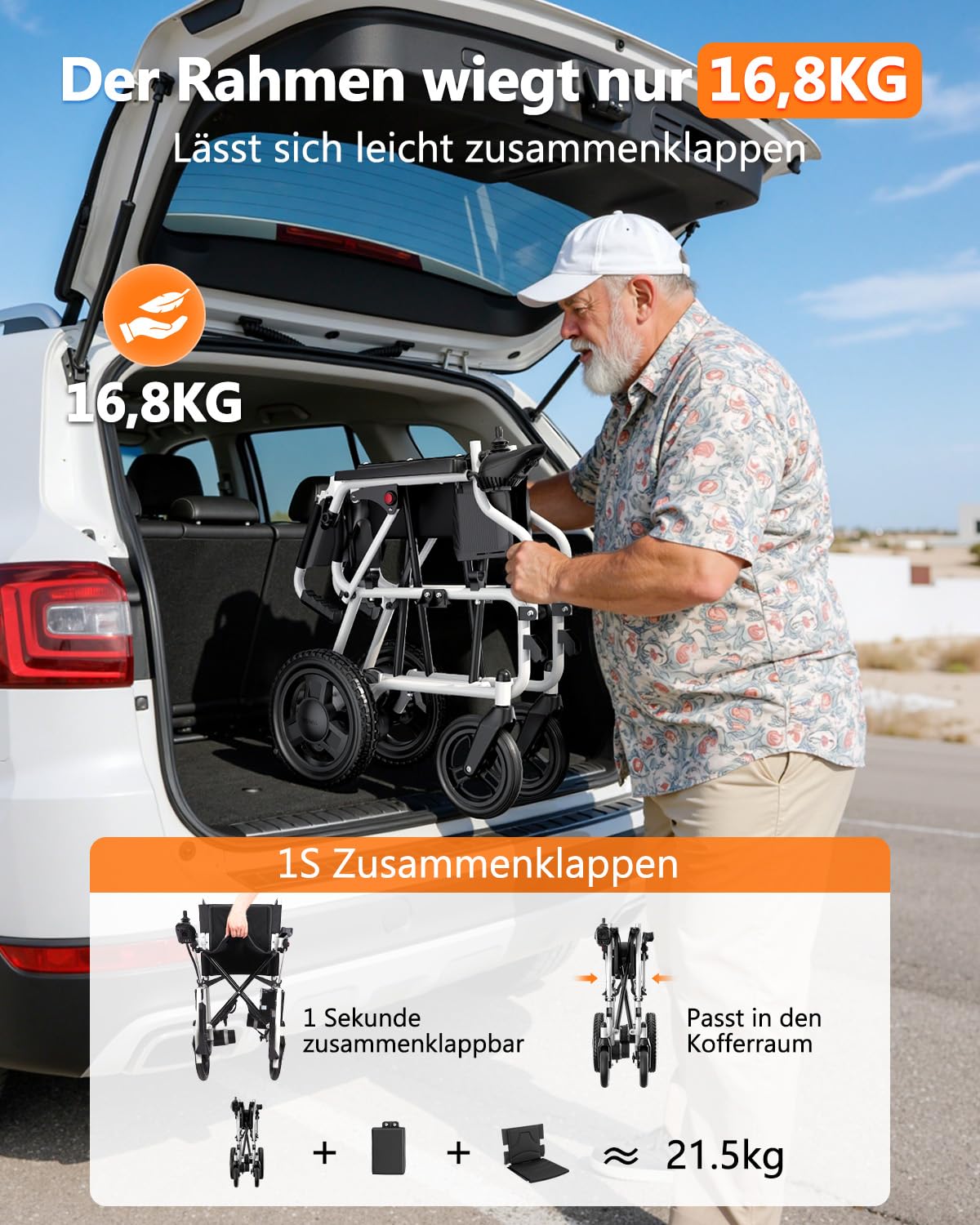Elektrischer Rollstuhl mit 20km Reichweite,16.8kg Rollstuhl Elektrisch Faltbar Schmal Rollstuhl für Wohnung & Reisen, 125kg Tragkraft für jedes Gelände geeignet