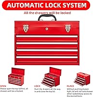 Vista 4 de 4 Drawers Metal Tool Box Portable Steel Tool Chest with Metal Latch Closure & Key Lock, 20" Powder Coating Top Storage Tray Toolbox with Handle