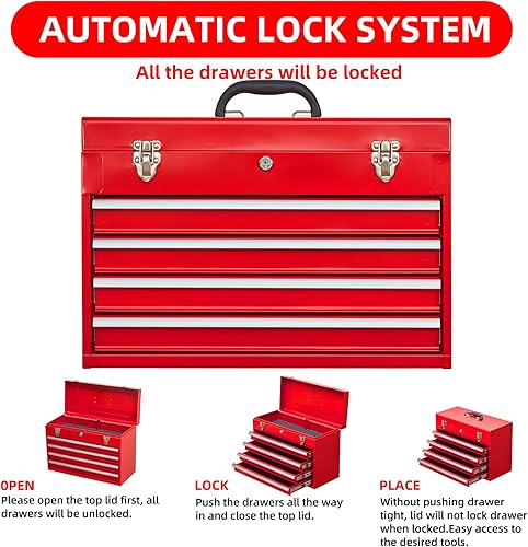 Miniatura 4 de Caja de herramientas portátil de acero de 20.3 pulgadas con 4 cajones, organizador de herramientas con cerradura con toboganes de rodamientos de