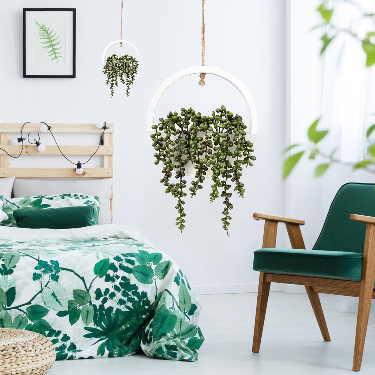 COM4SPORT 2PCS 12.2" Fake Hanging Plant, Succulent Wall Decor, Fake Plants Decor, String of Pearls in Pot with 8.3" Lanyard for House Indoor Outdoor Bedroom Wall Decor Aesthetic (White)