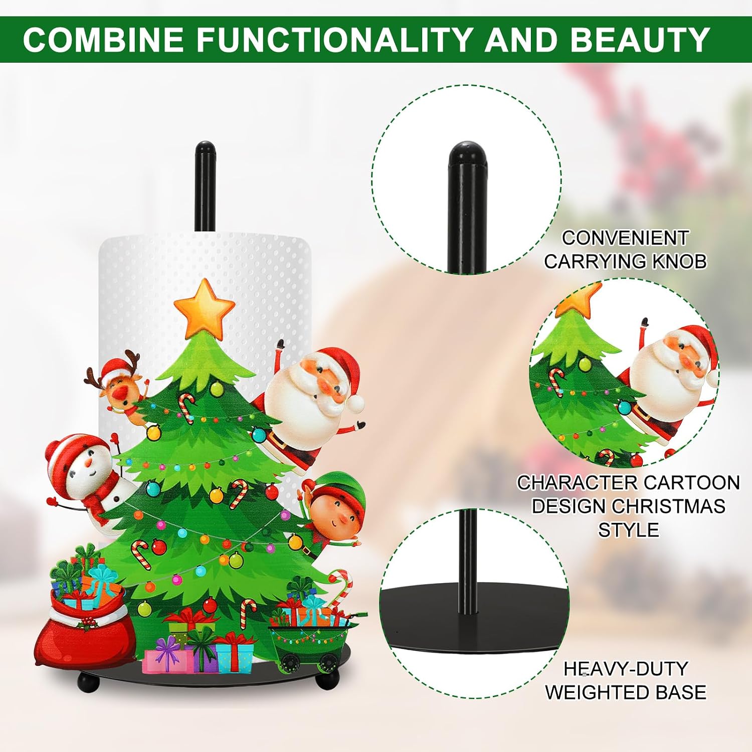 JarThenaAMCS Christmas Paper Towel Holder Xmas Tree Snowman Santa Claus Reindeer Kitchen Decor Accessories Large Metal Towel Holder Stand for Home Bathroom Countertop image 4