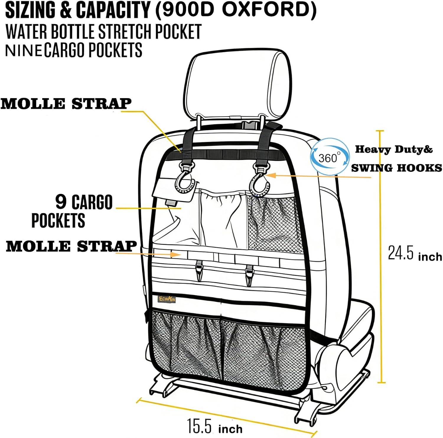 ECWKVN Car Seat Back Organizer, Heavy Duty Back Seat Organizer with Multiple Storage Pockets, Work Truck & SUV Seat Back Storage Bag for Tools, Tablet, Bottles & Essentials – Universal Fit