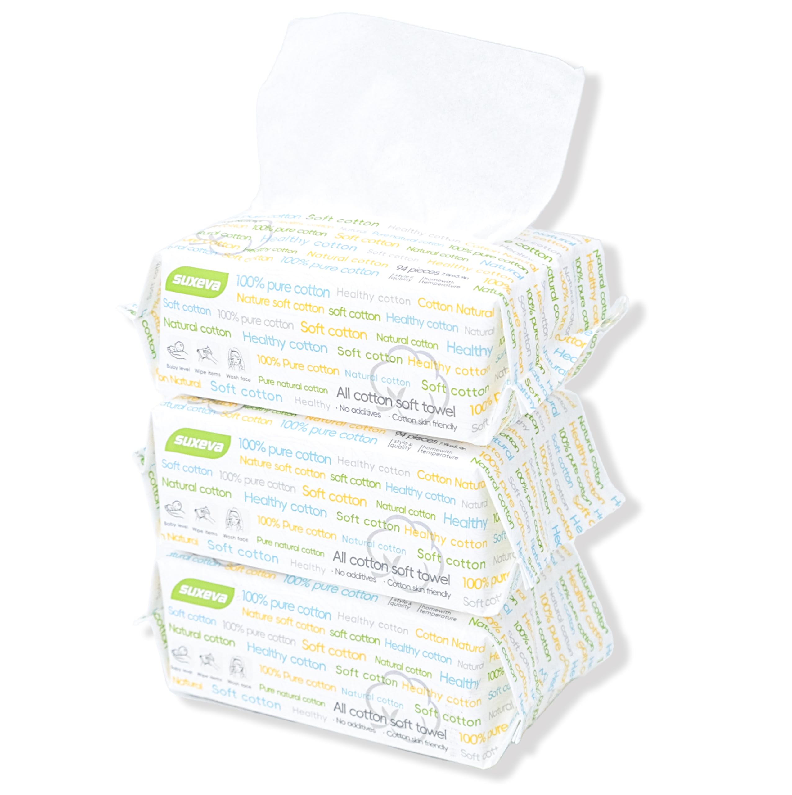 Suxeva 100% Pure Cotton Facial Tissues - 282 Sheets (3 Packs) Daily Soft Disposable Dry Wipes, Gentle Skin-Friendly Paper Towel for Home & Travel‌