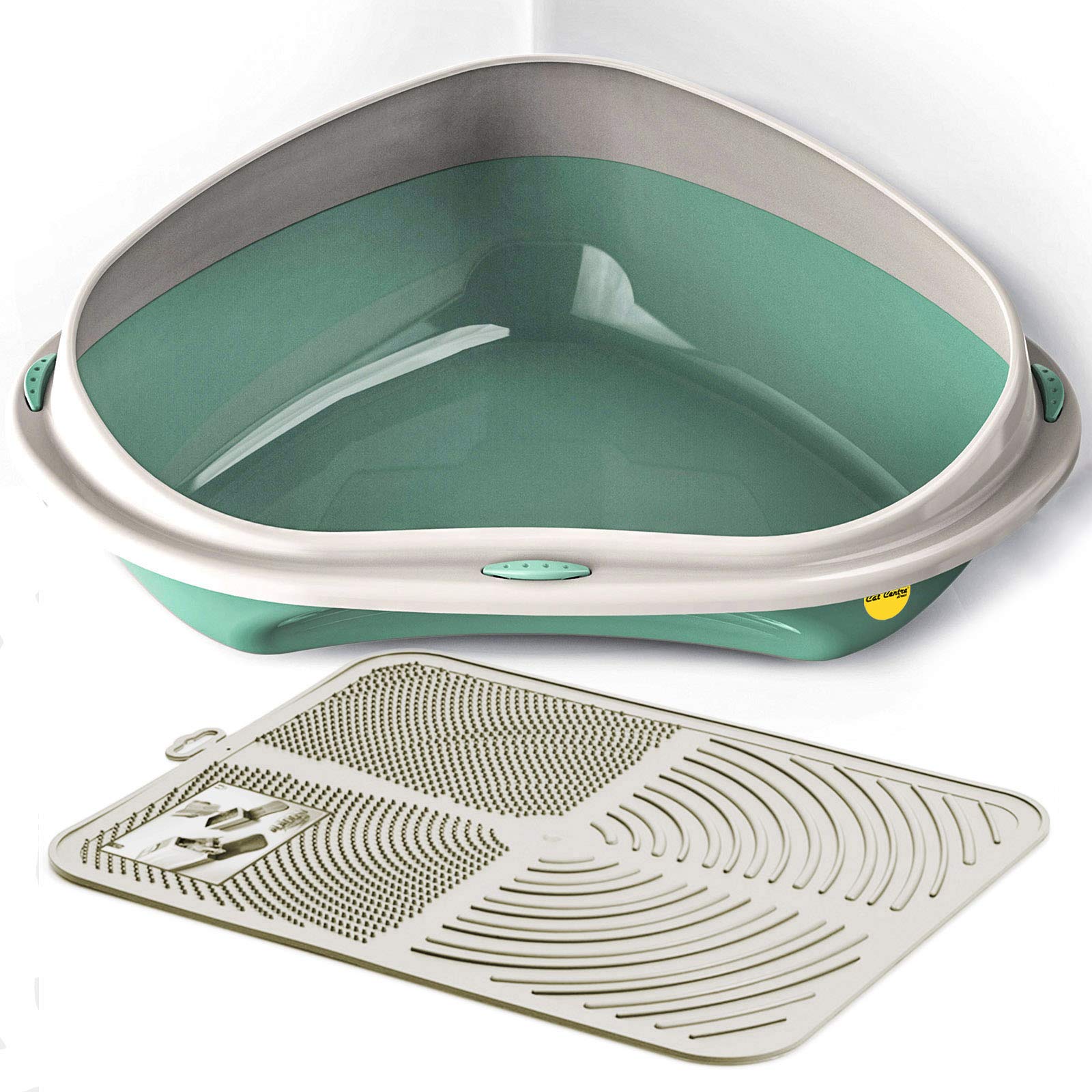 CAT CENTRE Green XL Jumbo Corner Cat Litter Tray + Cream Nonslip Mat Set Box Loo Toilet Kitten Pad