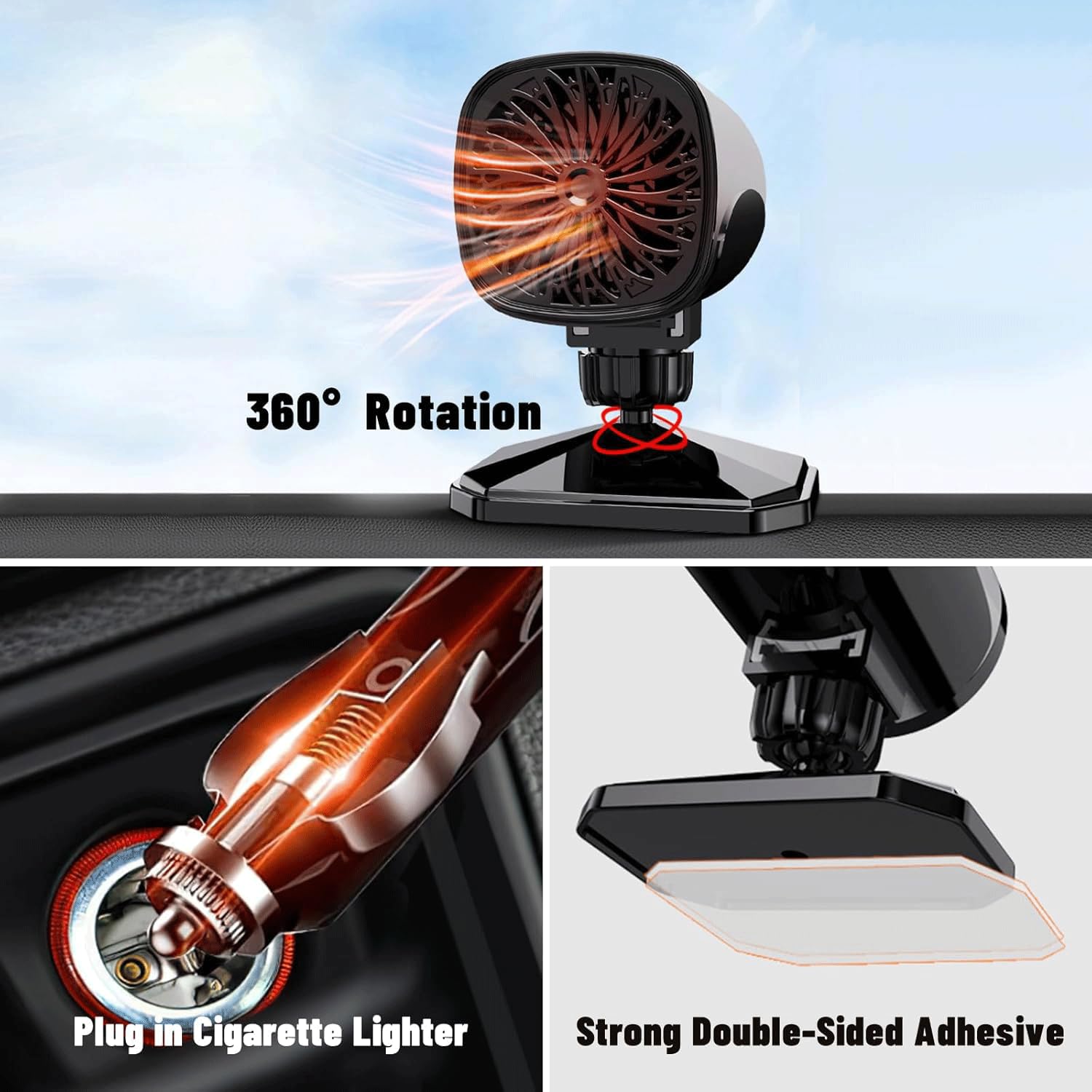 Chauffage & Dégivreur De Voiture 12V 150W | 2 En 1 Air Chaud/Froid | Base Orientable 360° | Branchement Allume-Cigare