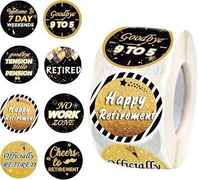 600 PCS 1.5 Inch Happy Retirement Stickers, 8 Different Design Black Gold Happy Retirement Party Favor Round Labels Self-Adhesive Retirement Gift DIY Rolls Sticker for Retirment Party Decorations