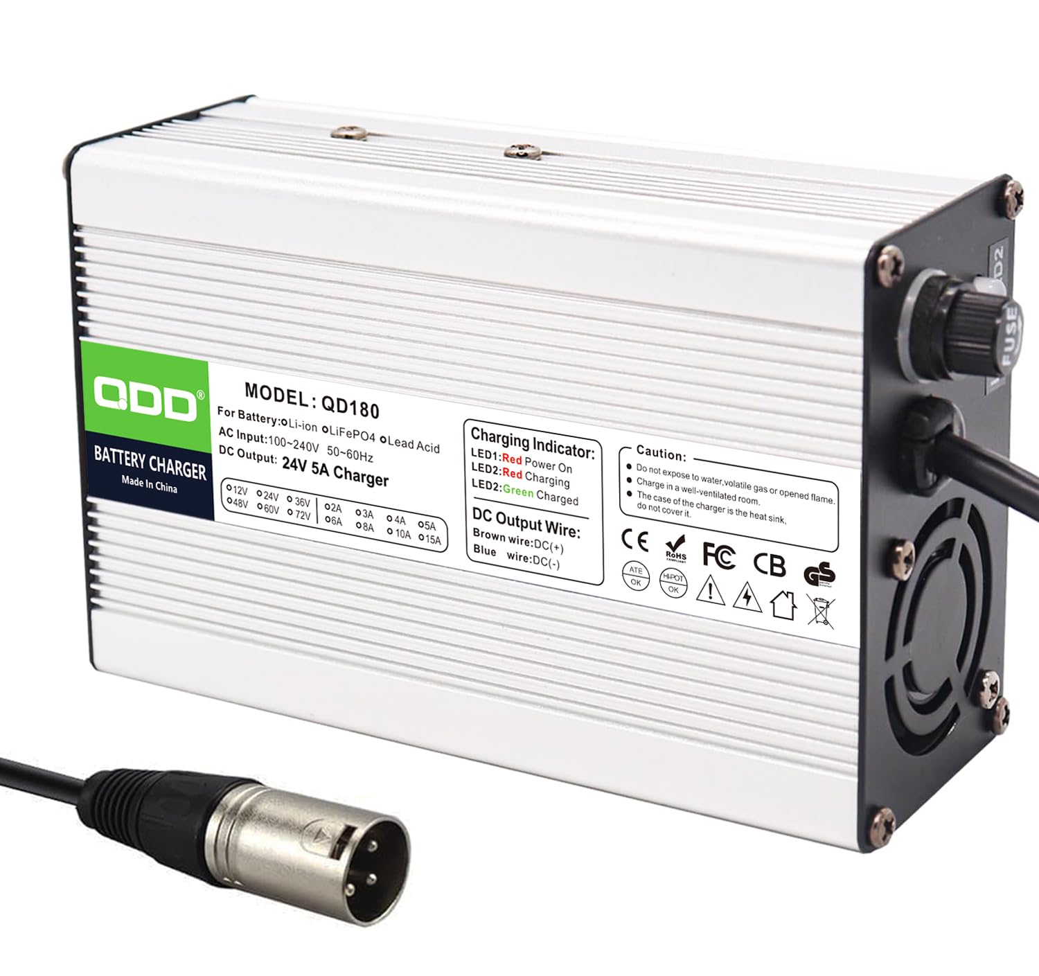 QDD Caricatore 24V 5A 24V al piombo-acido 24V utilizzato per batteria AGM Gel VRLA OPZV al piombo-acido, uscita CC, connettore XLR a 3 poli