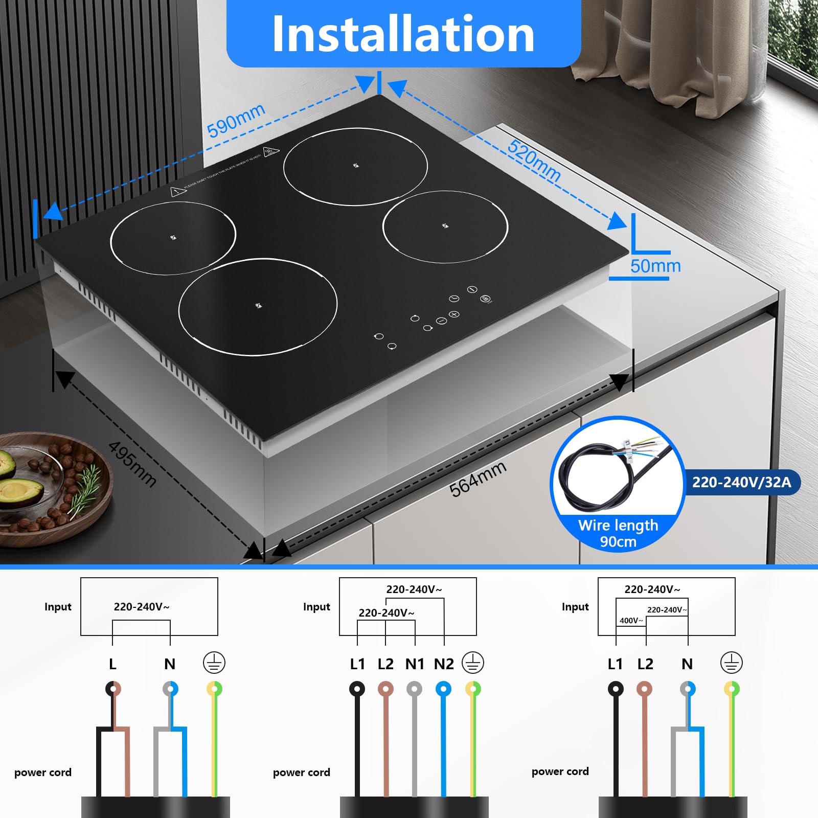 KICHPOWER Ceramic Hob 4 Burners 60cm, Built-in 4 Zone Electric Ceramic Hob, 6000W, Touch Control, 9 Power Levels, 1-99 Min Timer, Child Safe Lock, Heat Indicator, for all pots and pans — view 5