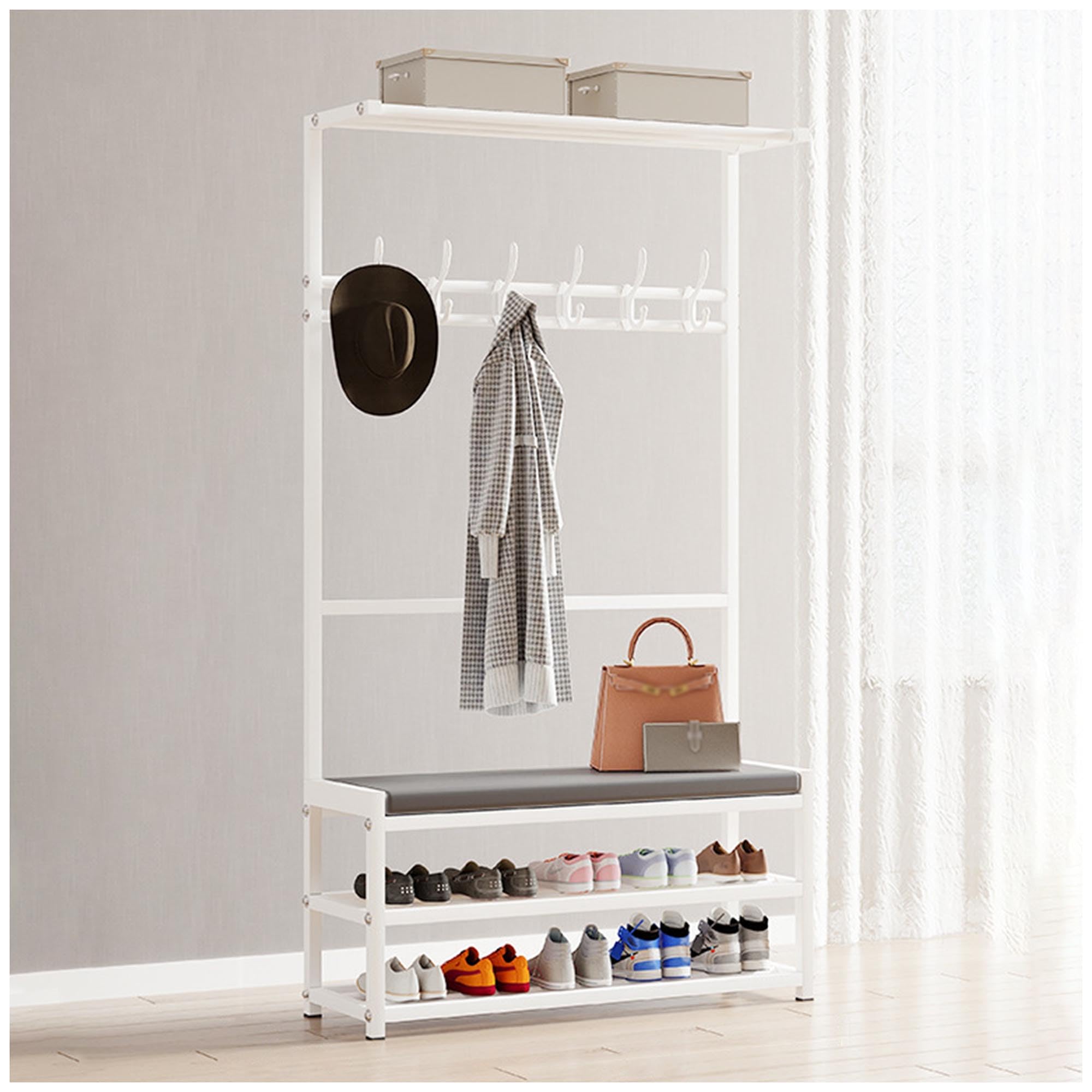 MYUYEE Entryway Bench With Coat Rack, 4-In-1 Hall Tree With Soft Cushion Storage Bench, Shoe And Coat Rack Freestanding, Multifunctional Home Orga(White-75X26X160Cm)