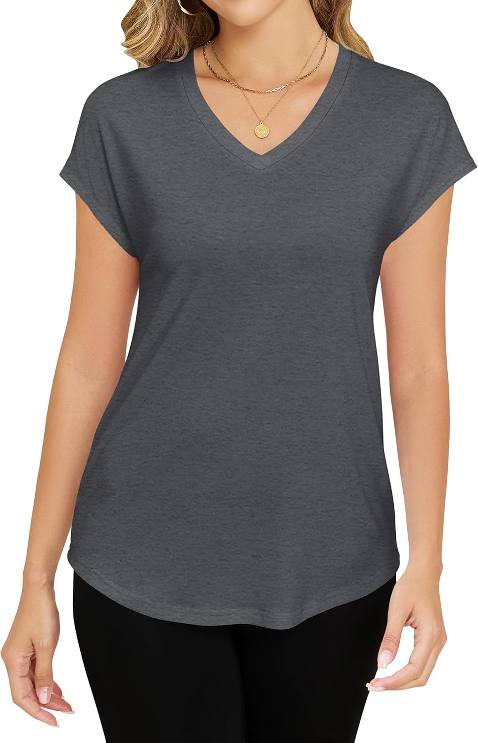 Smile Fish Women Short Cap Sleeve V Neck T-Shirts Casual Loose Fit Tops Summer Top Tees