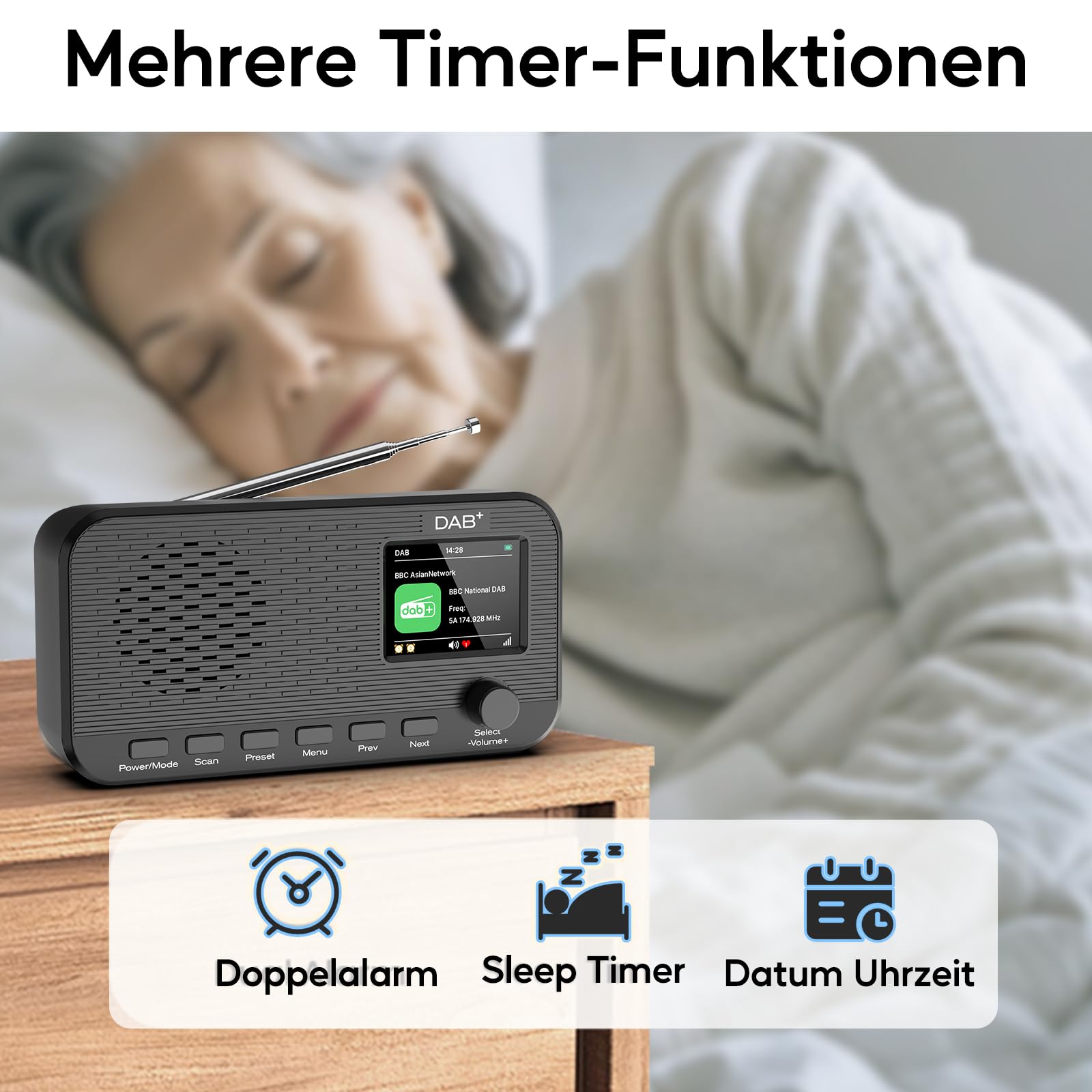DAB Radio mit Bluetooth, wiederaufladbares UKW-Digitalradio, Radios batteriebetrieben, tragbares DAB+ Radio, Küchenradio mit 80 Voreinstellungen, 2,4-Zoll-Farbdisplay, Dual-Wecker, Sleeptimer