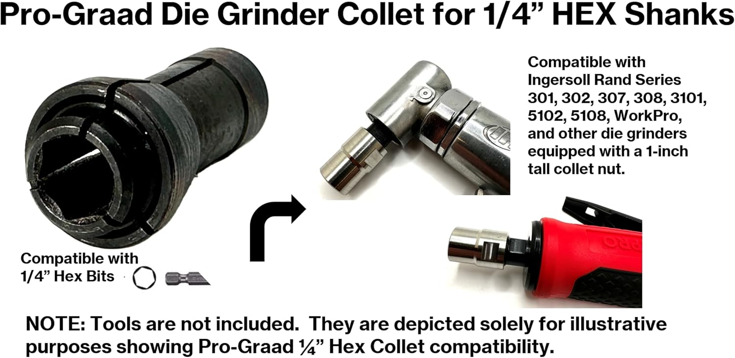 Die Grinder Collet for 1/4” HEX Shanks | Unique Hex-Style Clamping Collet for Air Tool Die Grinders – Not for Round Shanks – Holds 1/4 Inch Hex Bits