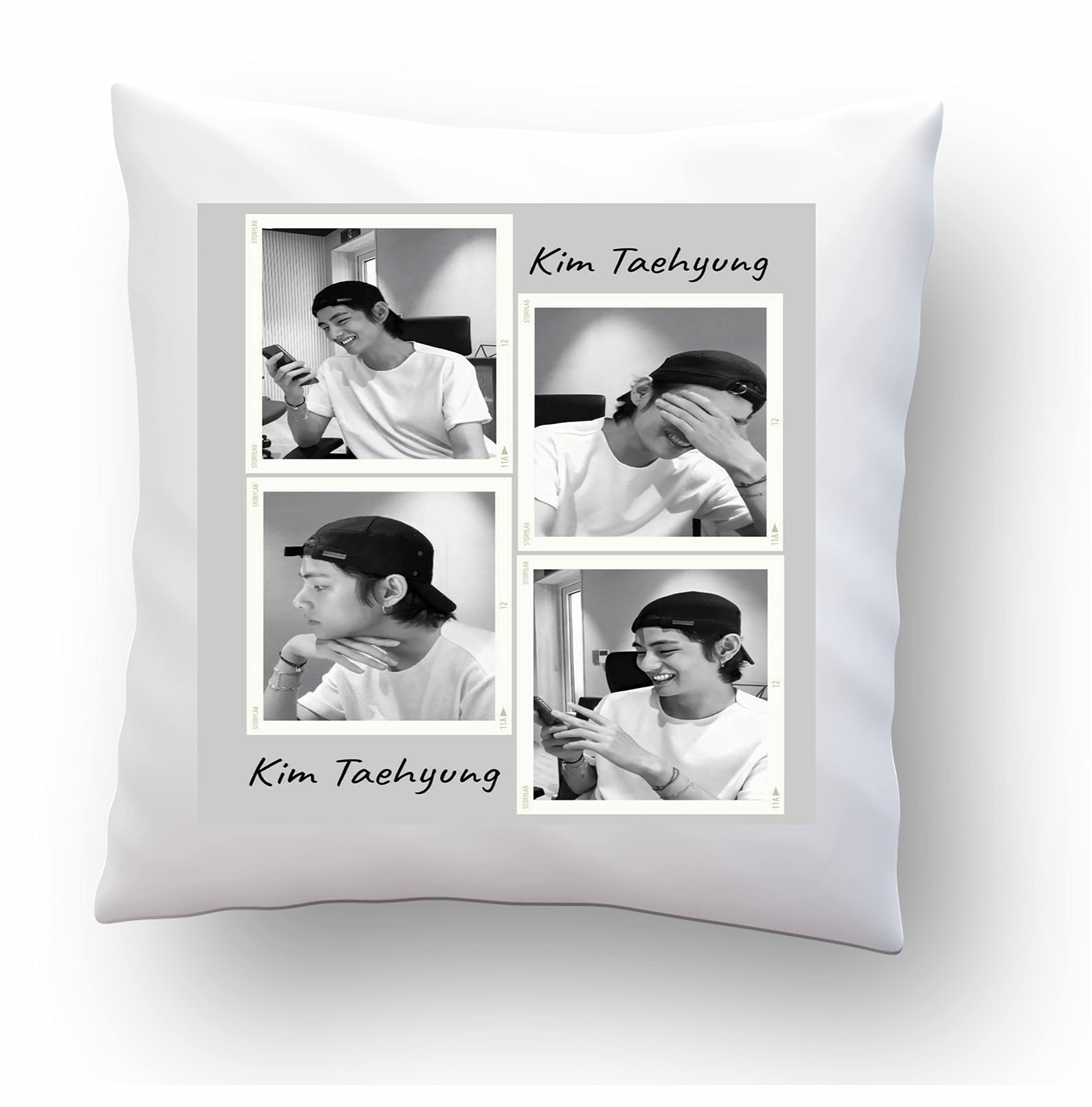 CRAFT MANIACS BTS Kim TAEHYUNG BW Collage Satin Pillow with Filler - Officially Licensed BTS Merch (16 x 16 Inch)-picture-32