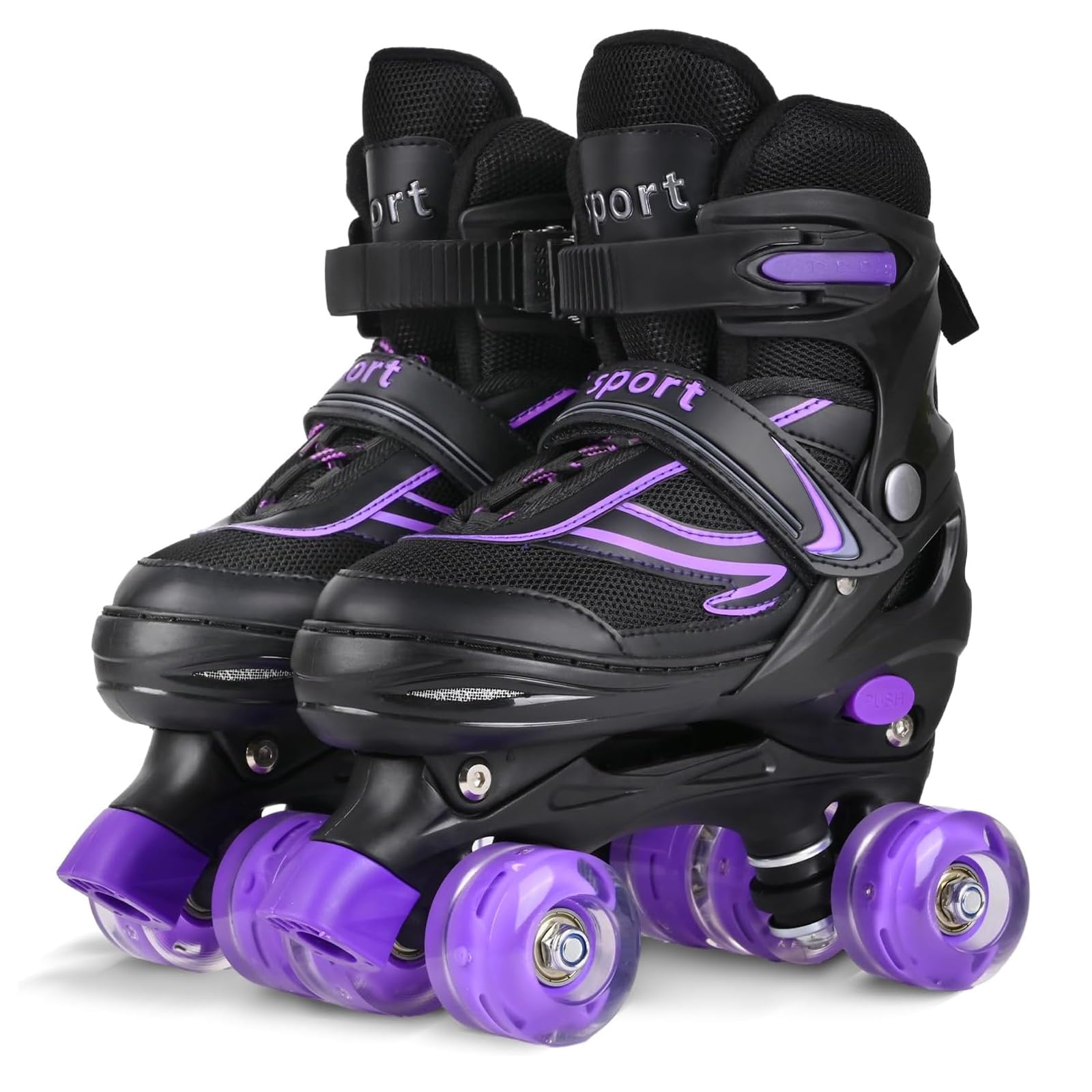 LOKJIJI Kids Roller Skates for Girls Boys Children Beginners, Adjustable 4 Sizes Quad Roller Skates for Kids and Youth with Light Up Wheels for Sports, Black & Purple (Small - UK 11-1)