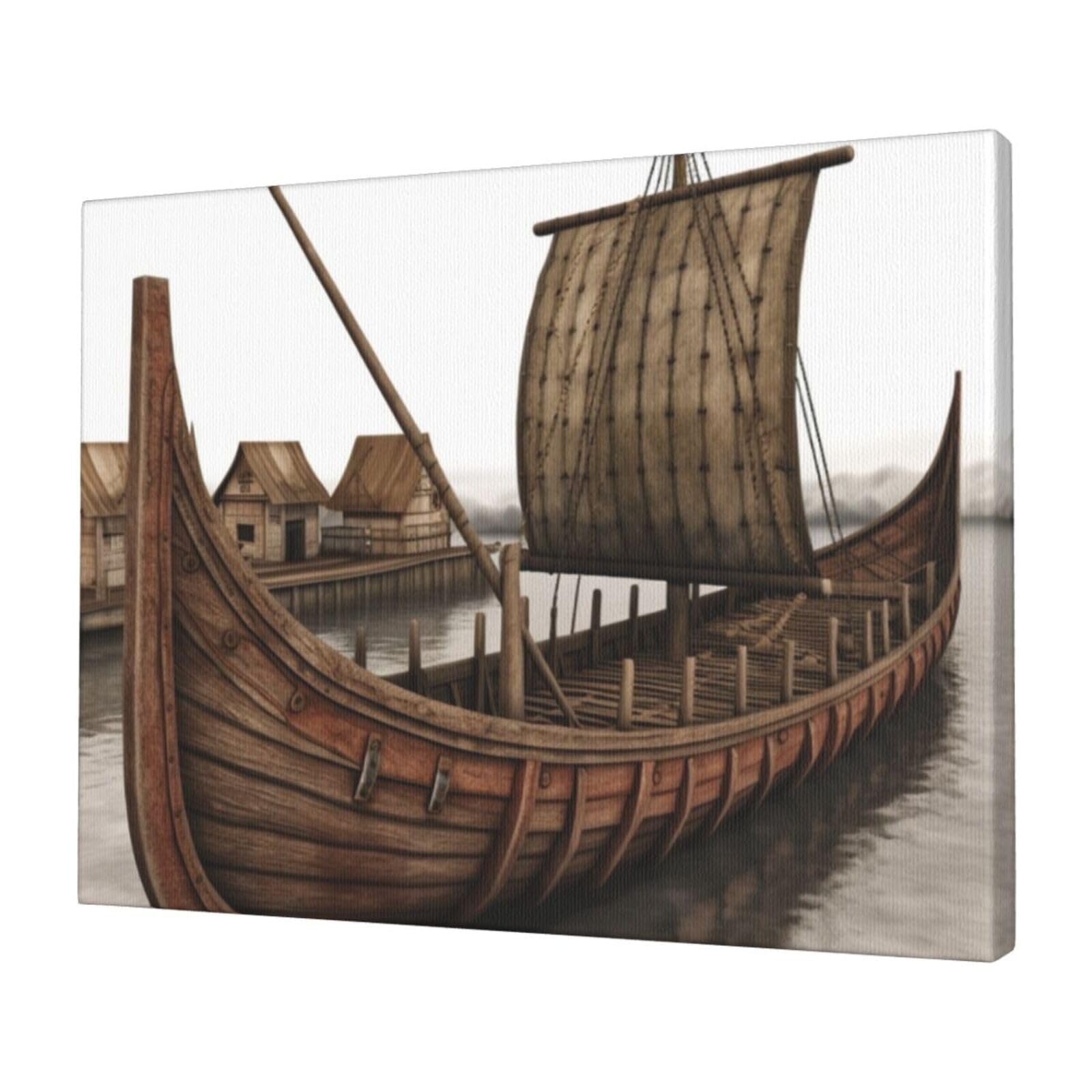 KLOPH Old Viking Boat Canvas Wall Art for Living Room 12"x16" Modern Artwork Painting for Bathroom Hanging Canvas Prints Aesthetic Wallart for Bedroom Kitchen Office Wall Decor