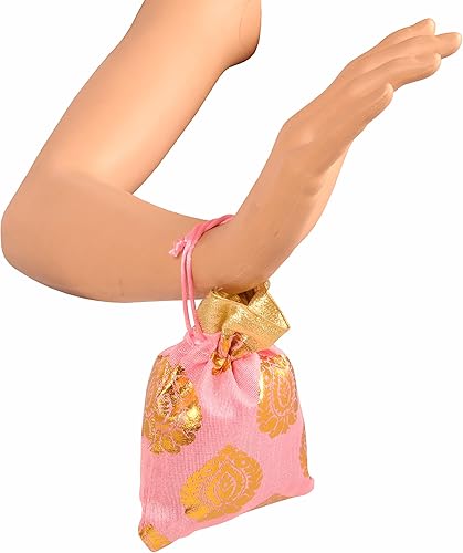 Miniatura 6 de Touchstone Bolsas de cordón tradicionales indias hechas a mano en tejido brocado con patrón de hojas de ficus. Perfecto para regalos, joyas, bodas,