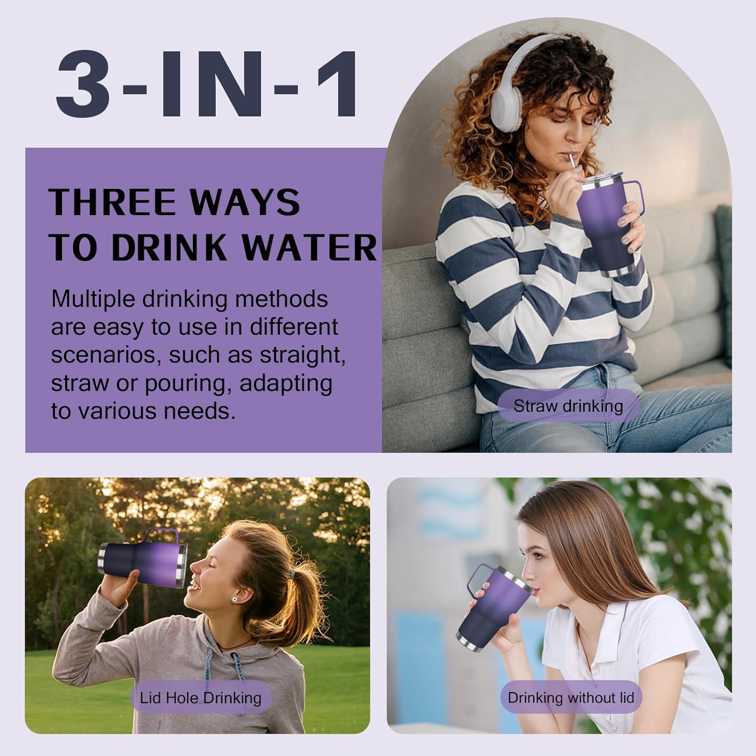 30 oz Stainless Steel Tumbler with Handle, Double Wall Vacuum Insulated Coffee Mug Tumbler with Lid and Straw, Thermal Cup for Cold and Hot (Purple Navy Blue) - Image 5