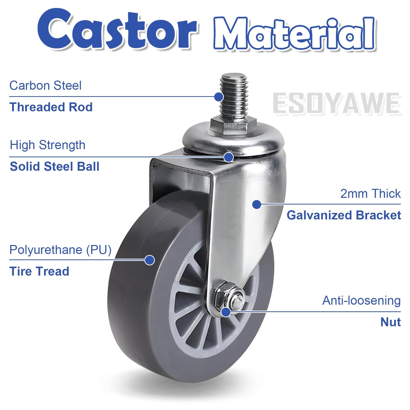 ESOYAWE Lenkrollen Für Möbel Mit M10×15mm Gewindestange 4er SET, 38mm 50mm 62mm Keine Spuren & Leise Polyurethan-Rollen, 360° Rotation Ersatzrollen Mit Bremse, Tragfähigkeit 35KG Pro Rolle