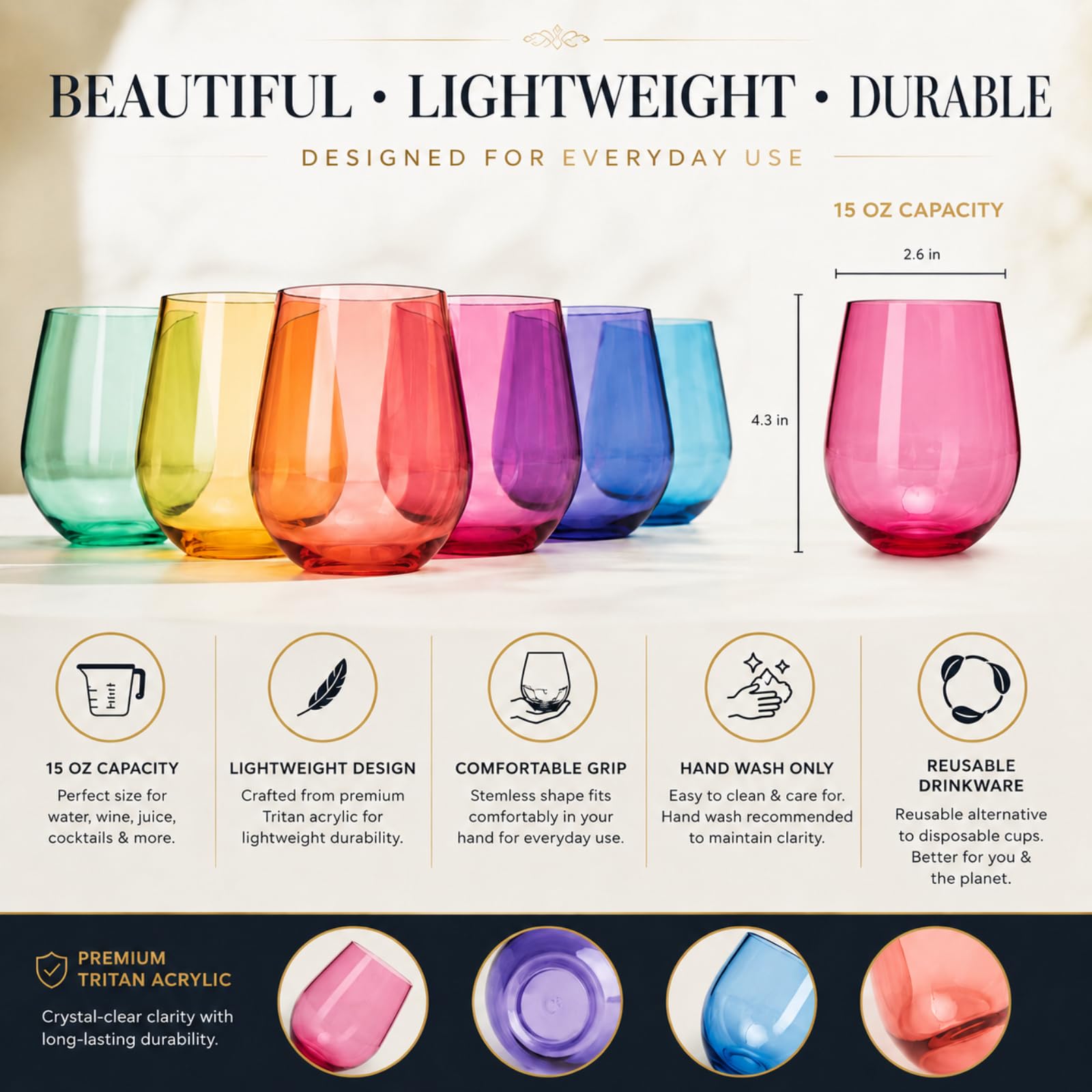 Lot de 6 verres à vin sans pied en plastique de style européen incassables et sans BPA, réutilisables, pour extérieur, piscine, intérieur, lavage à la main, 425 g