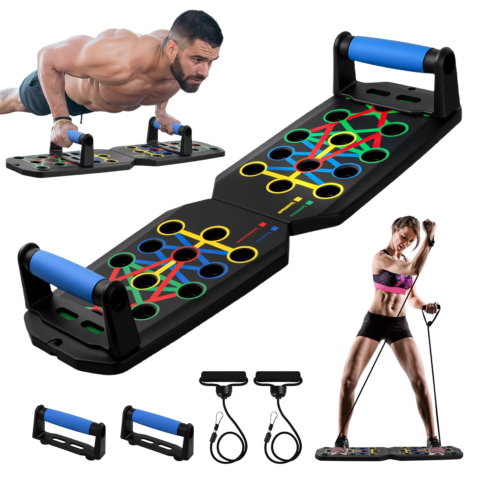 24 en 1 Planche Push Up, Pompe Musculation, Planche a Pompe Sport Pliable avec Poignées, 2 Corde de Tension, 20 Pads Adhésifs, Sac, Capacité Charge 150kg, Appareil Musculation Maison Entraînement