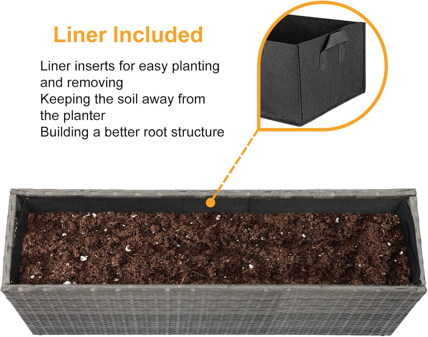 SUNNYPARK Gray Rectangular Planter Box All-Weather PE Rattan Large Modern Planters with Removable Liner Indoor Outdoor Decorative Flower Pot for Patio, Balcony, Garden