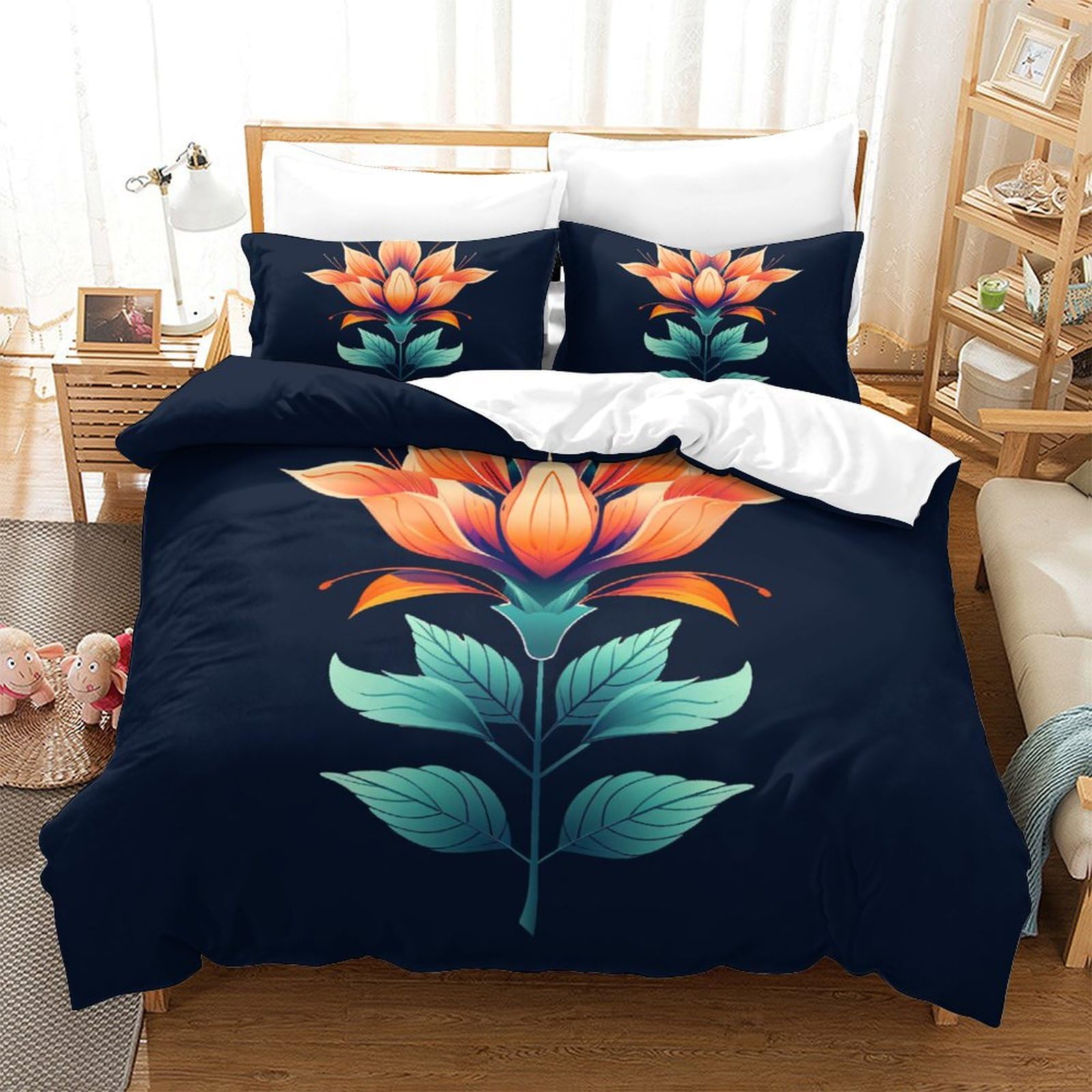 Housse de couette fleurs 3D 220x240 cm respirante avec fermeture éclair pour lit King size