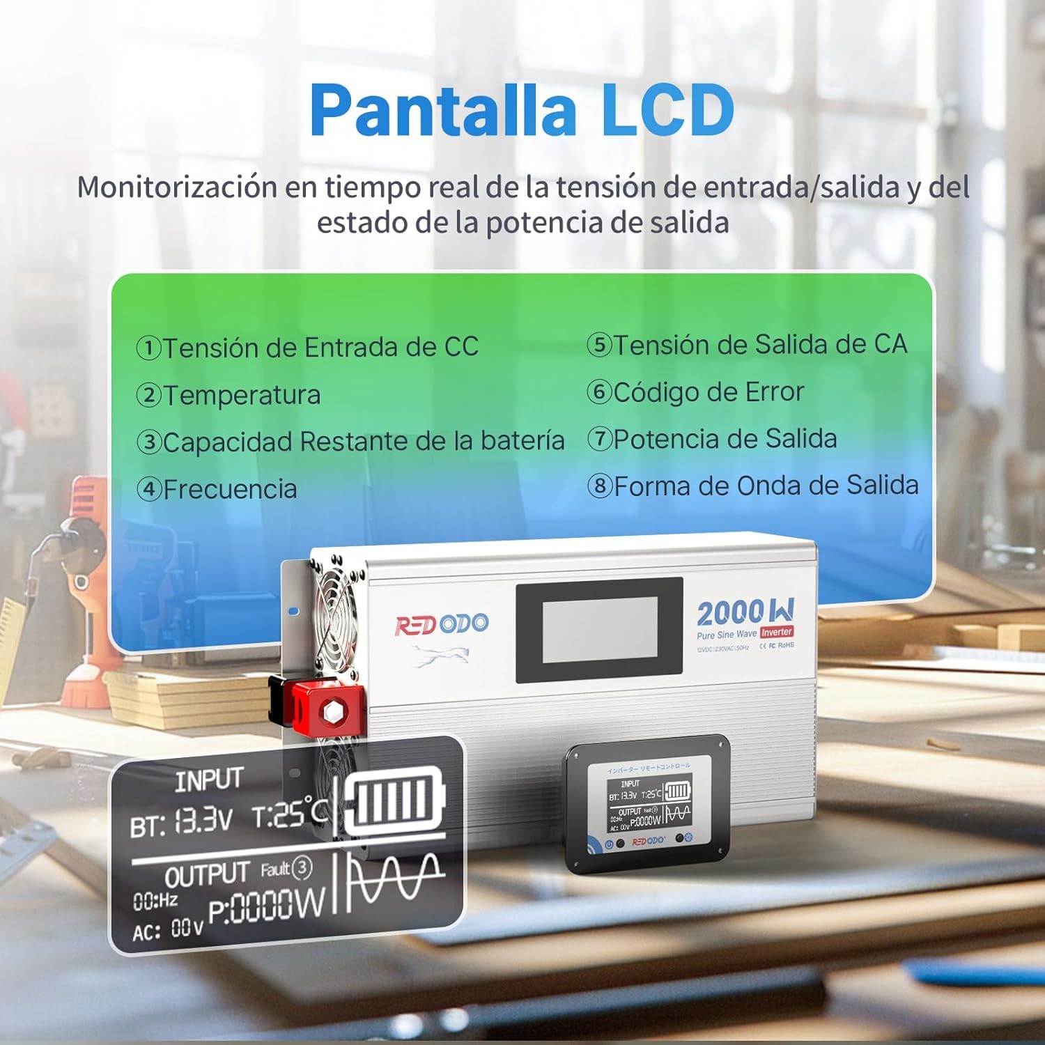 Redodo Inverter a onda sinusoidale pura 2000 W, 2 V DC a 230 V AC Convertitore per campeggio, inverter energia solare con 2 uscite CA, schermo di monitoraggio con visualizzazione dello stato in tempo