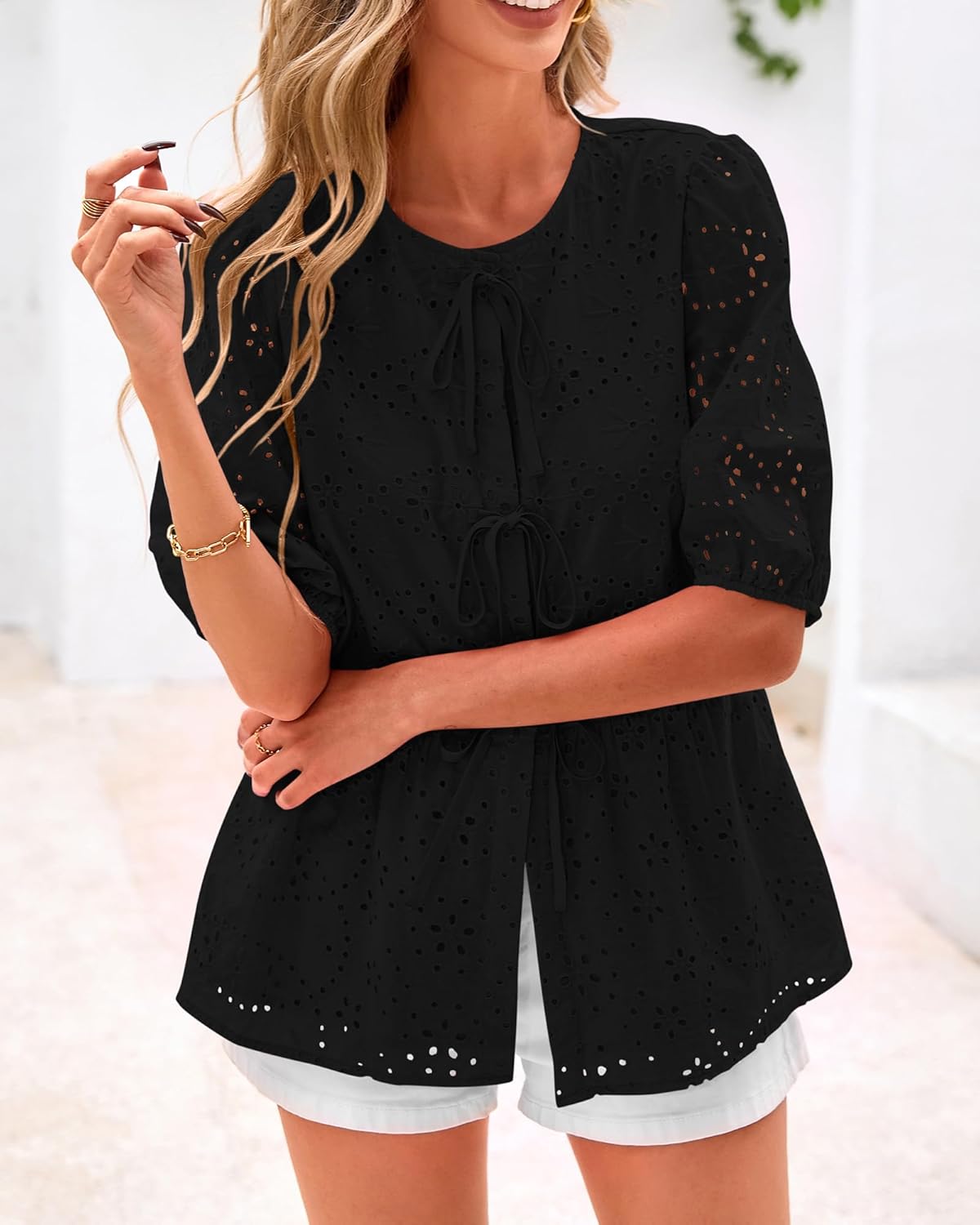 KIRUNDO Peplum Tops for Women 2026 Summer Eyelet Tie Front Blouses Casual Short Lantern Sleeve Cute Y2K Lace Babydoll Shirts - Image 8