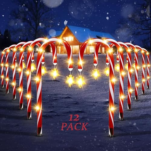 Paquete de 12 luces solares de Navidad para exteriores, luces solares de bastón de caramelo, luces solares de Navidad para camino, impermeables, con