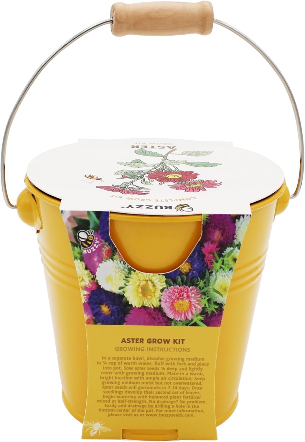 BUZZY Seeds Pollinator 2-Pack Grow Kit with Aster and Ox-Eye Sunflower Seeds, Growing Medium, and Decorative Yellow Pails, All-in-One Gardening Gift to Sprout Bee and Butterfly Friendly Blooms