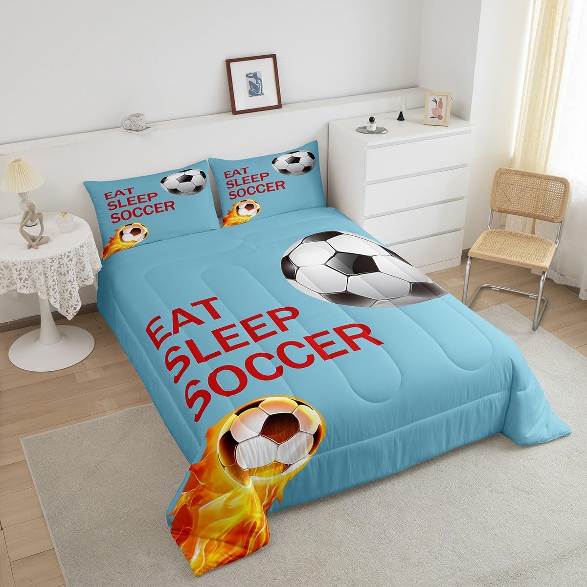 Feelyou Soccer Comforter Set for Kids Boys Girls Football Sports Games Comforter Full Size Soccer Player Bedding Set Bedroom Decor Blue Soccer Ball Quilt Set Bedding Collection 3Pcs