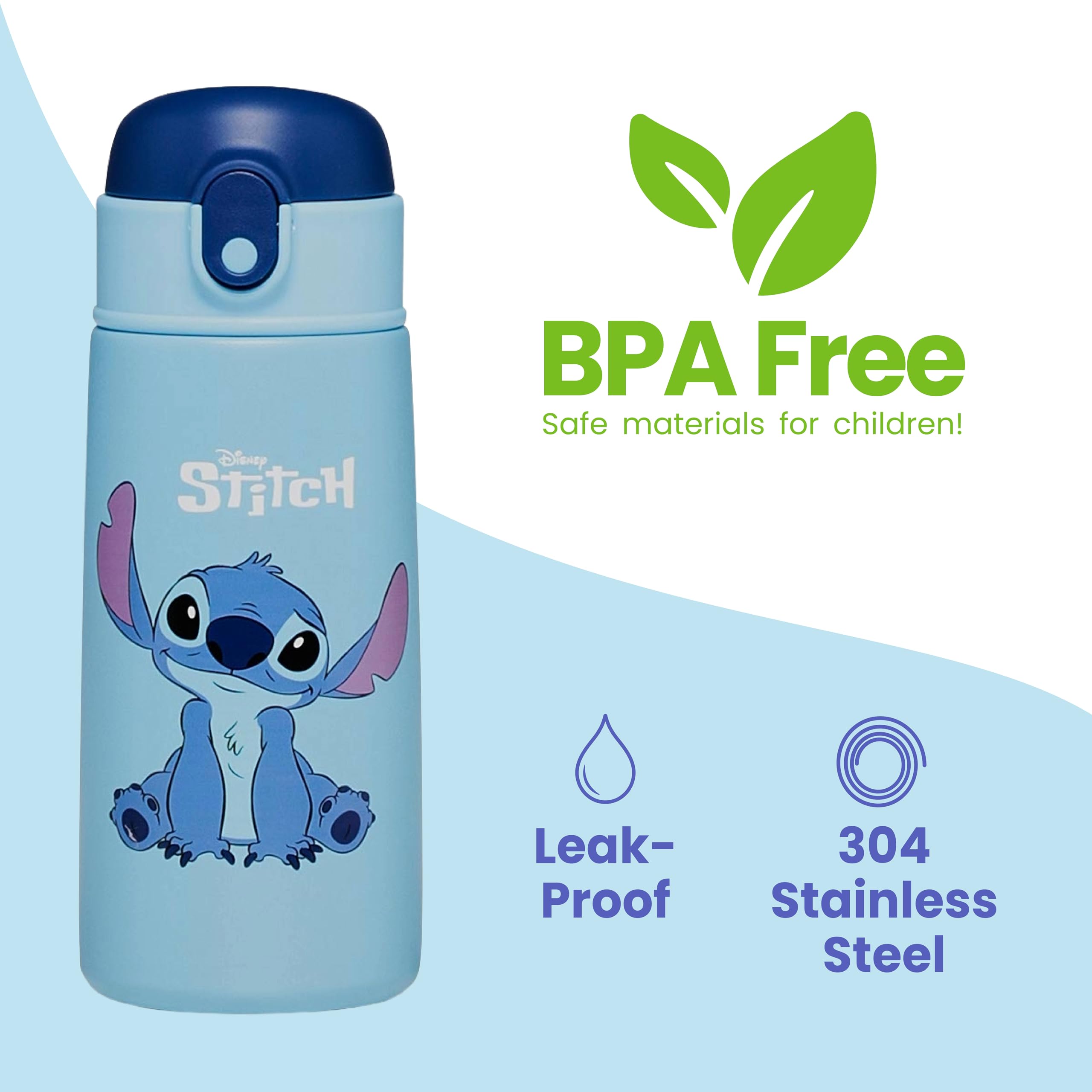 Seven Borraccia LILO & STITCH, Blu - Borraccia per Bambini con Cannuccia 460 ML - Borraccia Asilo, Scuola Elementare - Acciaio Inox Interno Esterno, Mantenimento Temperatura fino a 24h