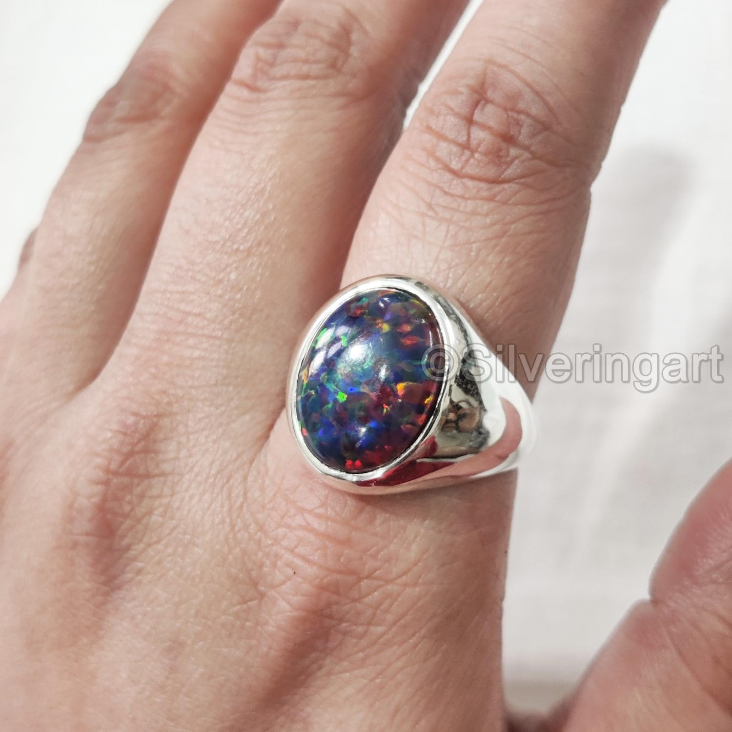Black Opal Mans Ring, Natural Big Black Opal Ring, October Birthstone, Micron Plated Jewelry, 925 Sterling Silver Ring, Heavy Plain Ring, Arabic Ring, Ottoman Turkish Ring, Christmas, Mens Signet Ring