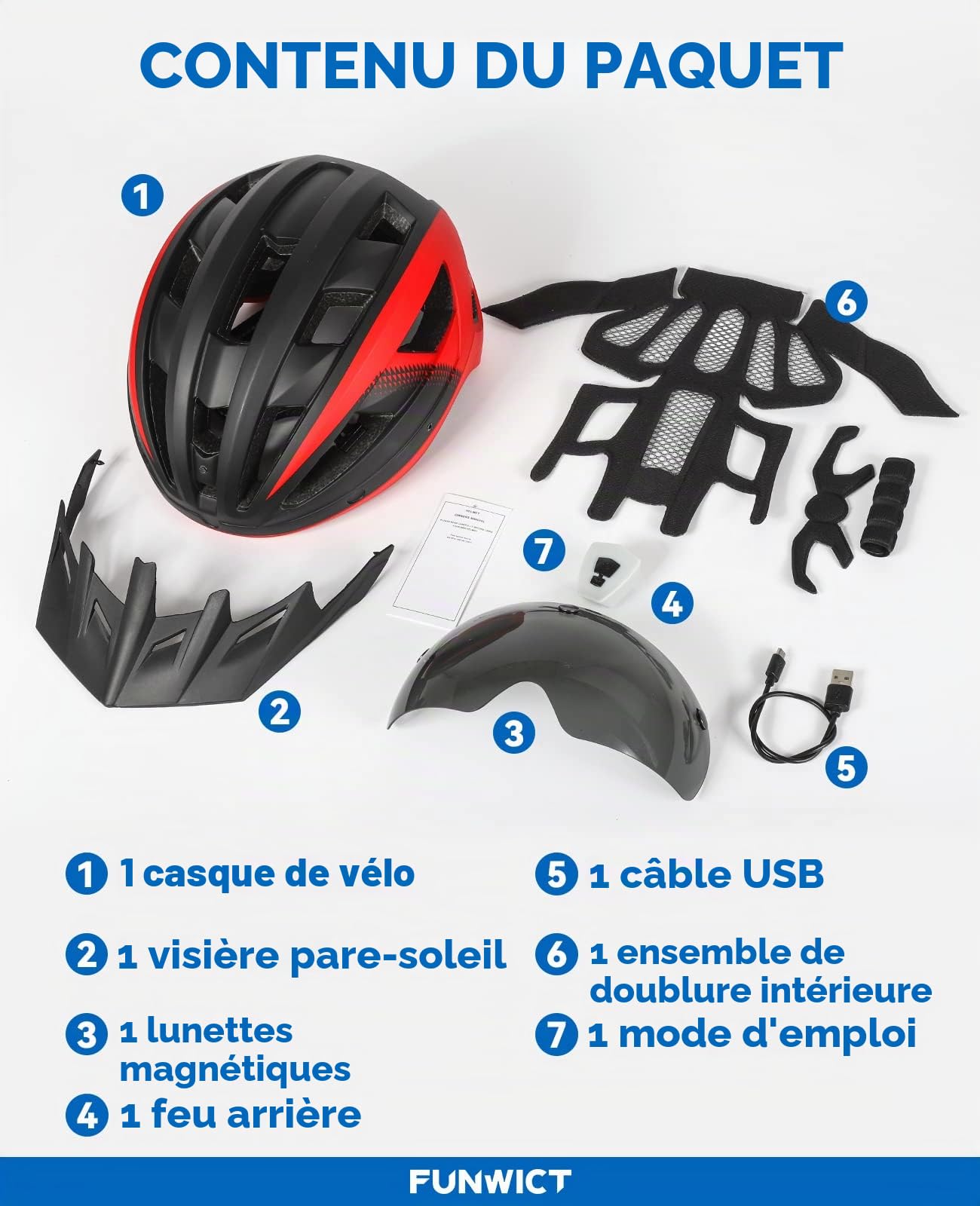 Casque Velo Homme Femme avec Visiere et Lunettes Détachables, Casque Vélo Casques VTT avec Feu Arrière à LED Rechargeable, Casque Cyclisme pour Adulte et Adolescent (L: 57-61 cm, Noir Rouge)