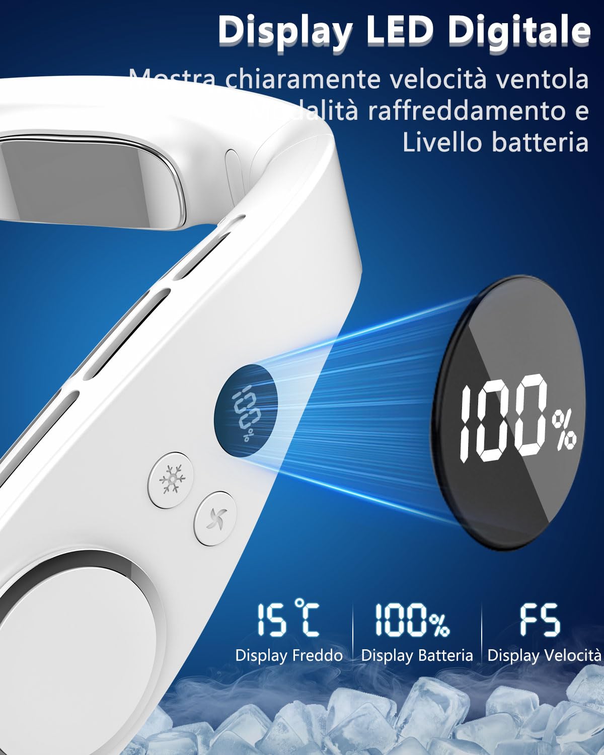 Ventilatore da Collo Sportivo con Raffreddamento, Neck Cooler Portatile e Silenzioso con 3 Temperature e 5 Velocità, Batteria 5500mAh Autonomia 15 Ore, LED, per Corsa, Ciclismo e Fitness Outdoor