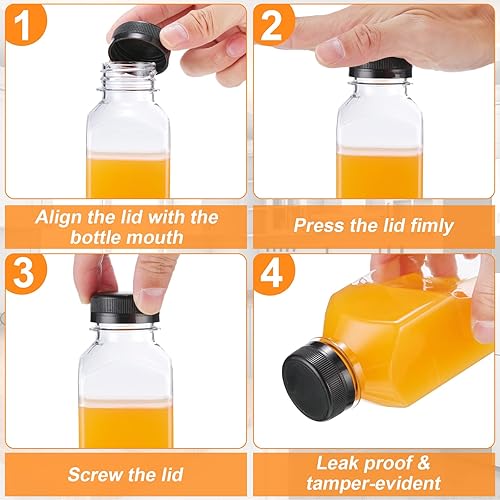 Miniatura 10 de 200 botellas de plástico con tapas, botellas cuadradas transparentes para jugos, recipientes para bebidas, reutilizables, botellas vacías para