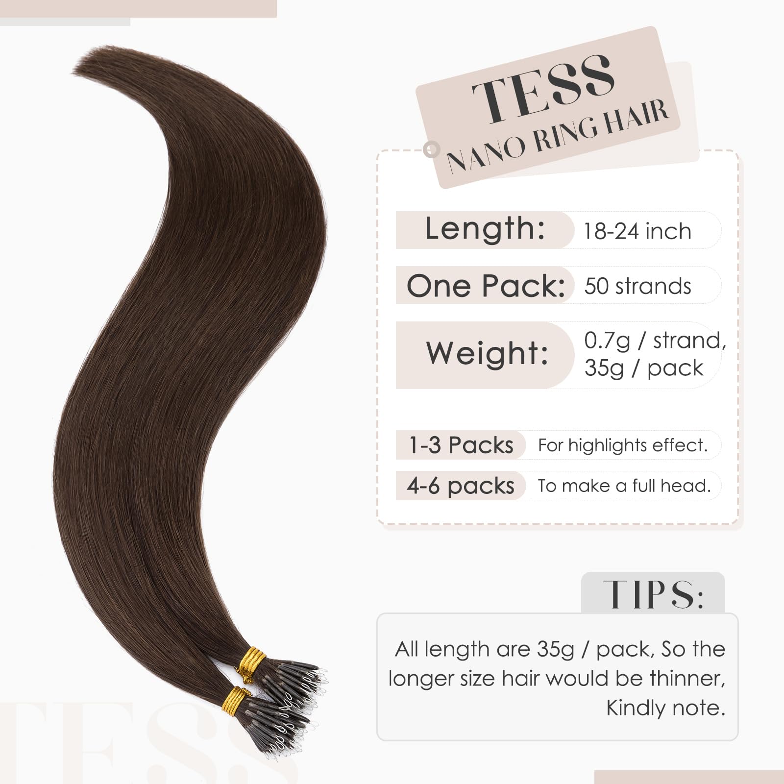 TESS Nano Beads Hair Extensions 100% SSS Grade Real Human Hair for Women UK #02 Dark Brown 14 Inch 35g (Nano Rings Tip Included) - Image 2