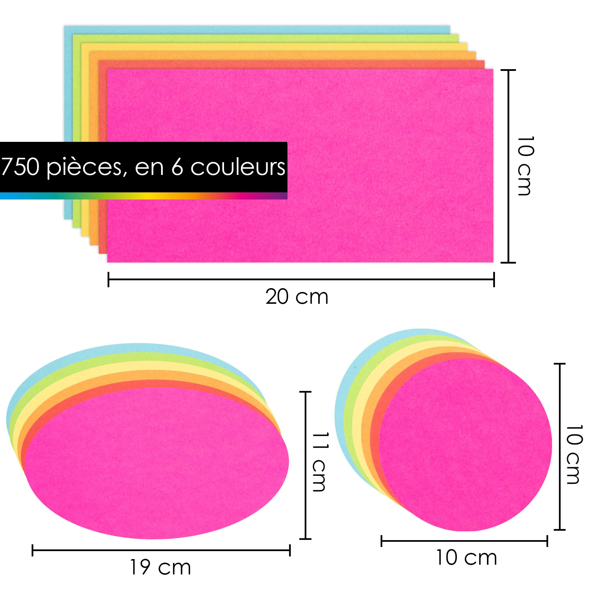 OfficeTree Lot de 750 cartes de modération, 6 couleurs, rondes, ovales et rectangulaires, cartes de métaplan, cartes de présentation, accessoires de séminaire, pour mallette de modération