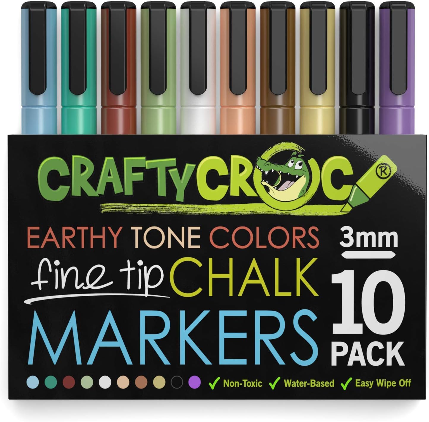 Crafty Croc Fine Tip Chalk Markers - (Precise 3mm Tip, 10 Earth Tone Colors) - Erasable Dustless Liquid Chalk Ink Pens, Water-Based, Non-Toxic