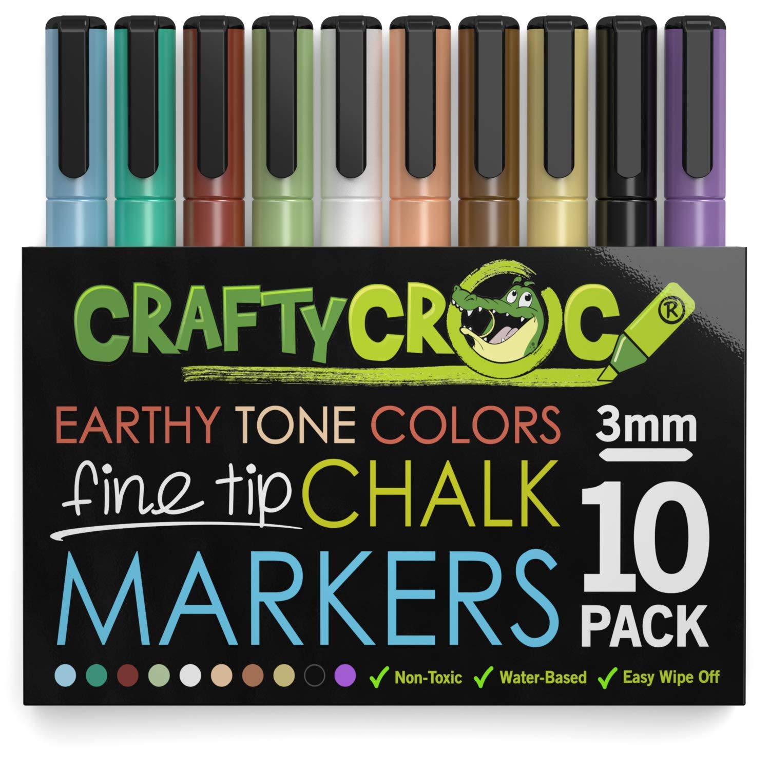Crafty Croc Fine Tip Chalk Markers - (Precise 3mm Tip, 10 Earth Tone Colors) - Erasable Dustless Liquid Chalk Ink Pens, Water-Based, Non-Toxic