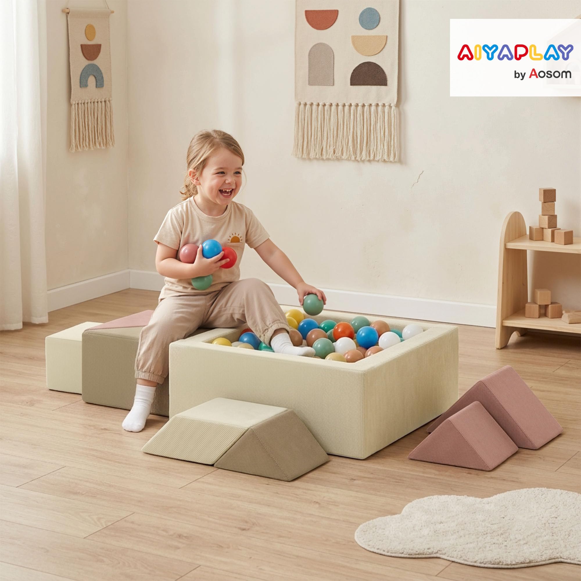 AIYAPLAY Parcours motricité bébé 9PCS avec Piscine à balles, Module en Mousse Souple avec Housse en Velours côtelé, Blocs de Construction éducatifs pour Enfants d'âge préscolaire, Multicolore