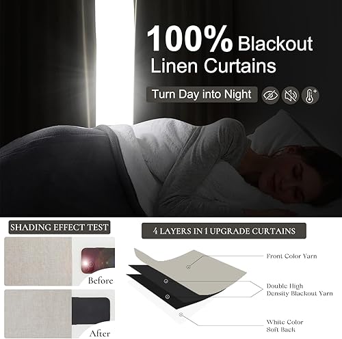 Miniatura 3 de Cortinas térmicas 100% opacas para dormitorio, cortinas plisadas de lino con ganchos, cortinas rústicas modernas para oscurecer la sala de estar, 84