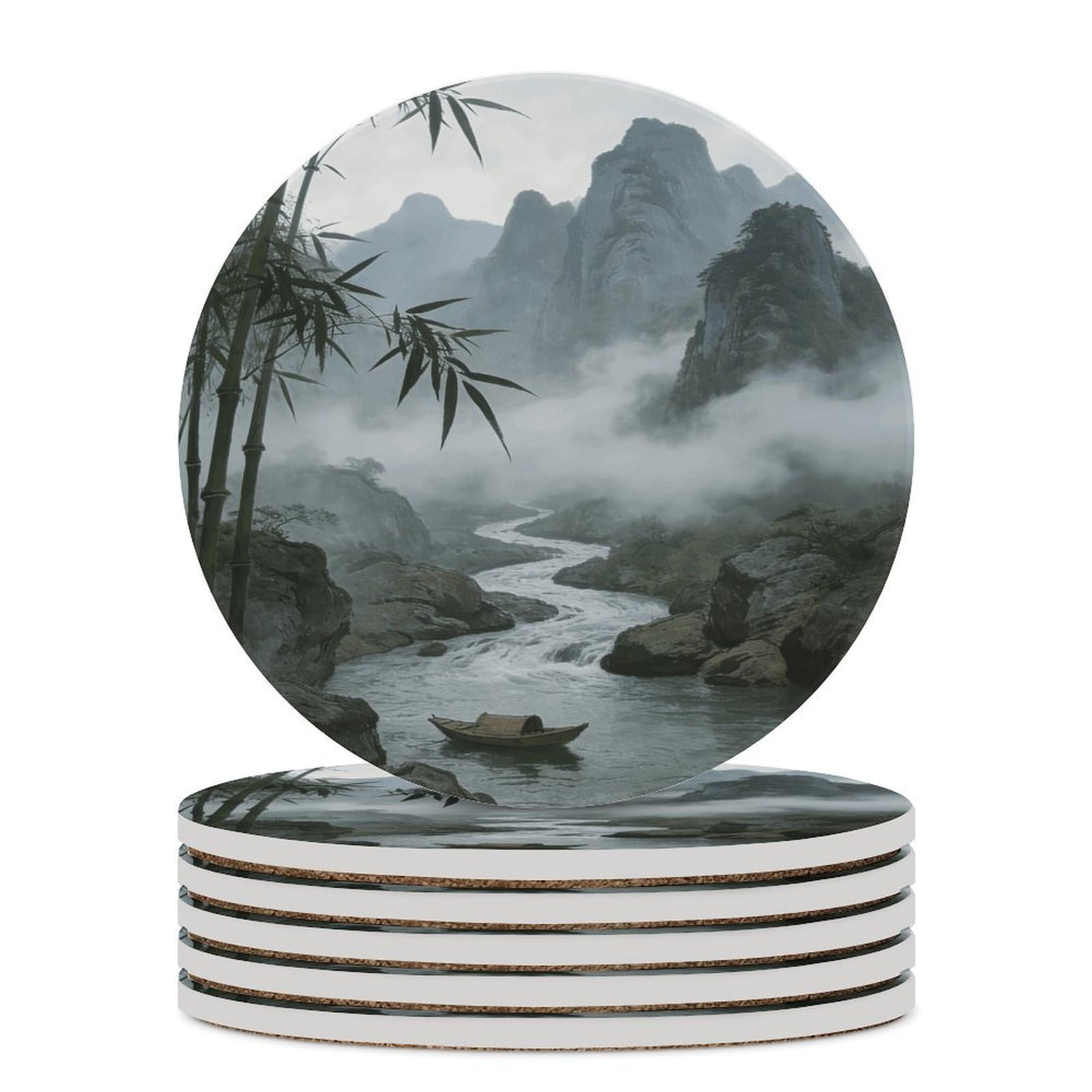 Rainy and Misty Return of The Boat Coaster with Cork Base Drink Coasters for Coffee Table Decor Modern Cup Coasters with Non-Slip & Heat-Resistant Cute Ceramic Table Coaster for Home Dining