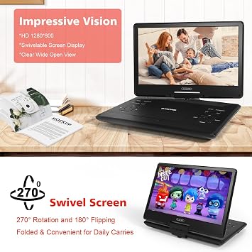16.9 Portable DVD Player with 14.1 Large HD Screen,High Volume Speaker,4-6 Hours Built-in Rechargeable Battery,Support USB/SD Card/Sync TV and Multiple Disc Formats,Region Free,Remote Control,Black