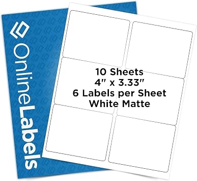 OnlineLabels 4 x 3.33 Labels - White Matte - Inkjet/Laser - 10 Sheets | Permanent Adhesive, Blank Rectangle Labels, Inkjet and Laser Compatible, Ideal for Shipping, Wine Bottles, Pallets