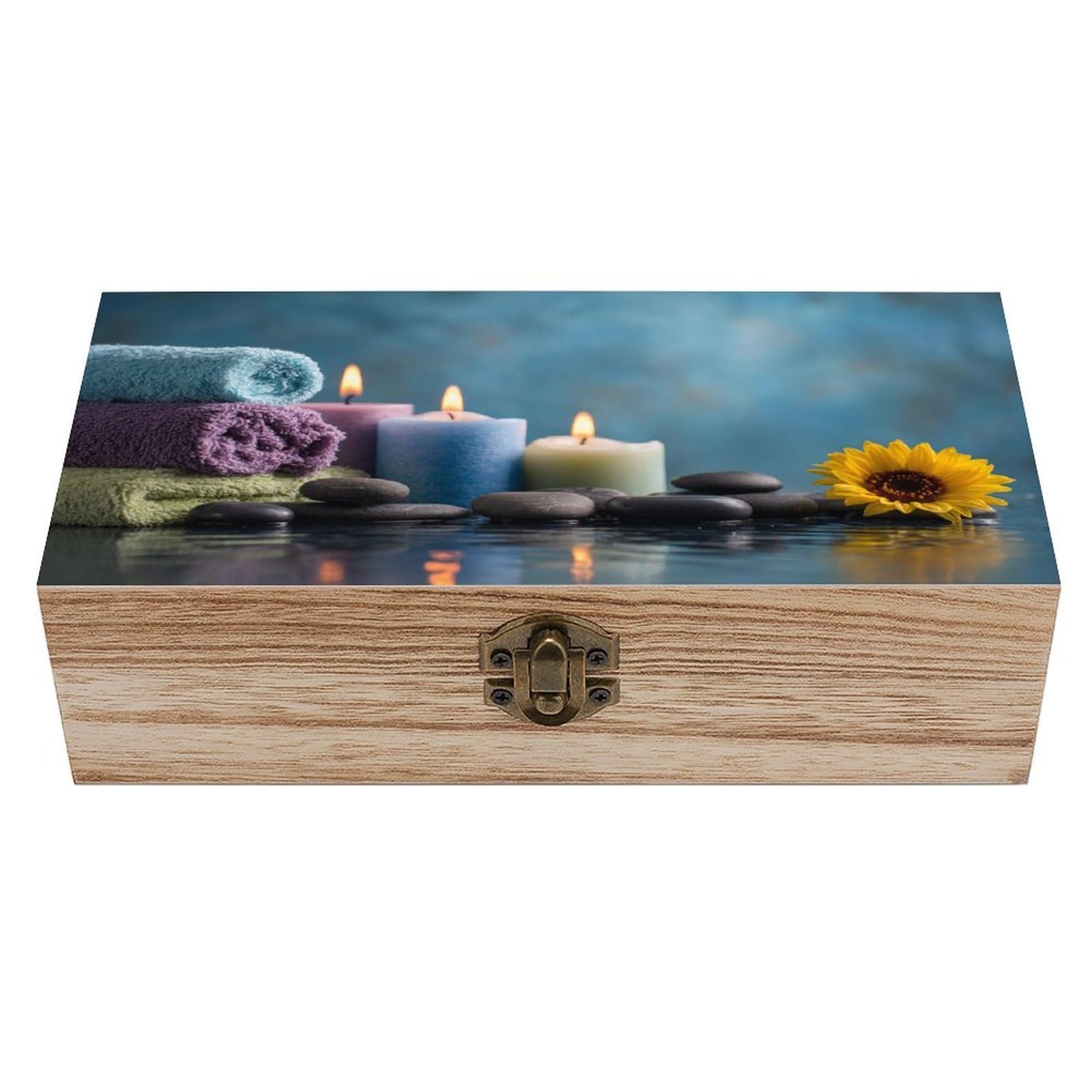 Spa Color Candles Sunflowers Stones Wooden Storage Box with Hinged Lid