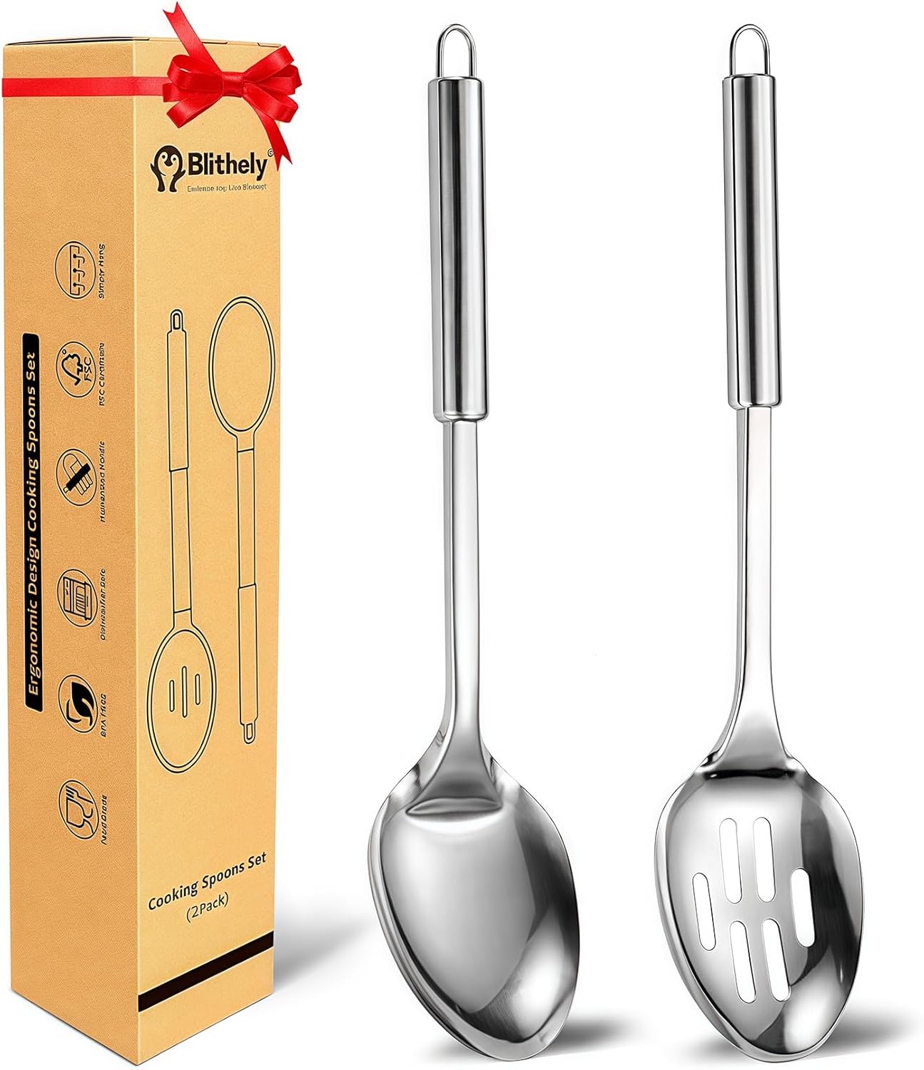 2 Pack Large Cooking Spoon Set, Stainless Steel Serving Spoon and Slotted Spoon for Cooking, Heat Resistant Long Basting Spoons with Round Handle for Mixing and Serving Food