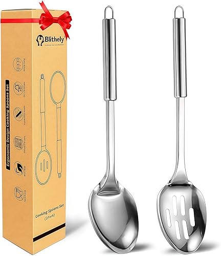 Juego de 2 cucharas de cocina grandes, cuchara de servir de acero inoxidable y cuchara ranurada para cocinar, cucharas largas resistentes al calor