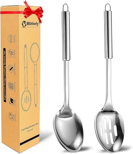 2 Pack Large Cooking Spoon Set, Stainless Steel Serving Spoon and Slotted Spoon for Cooking, Heat Resistant Long Basting Spoons with Round Handle for Mixing and Serving Food